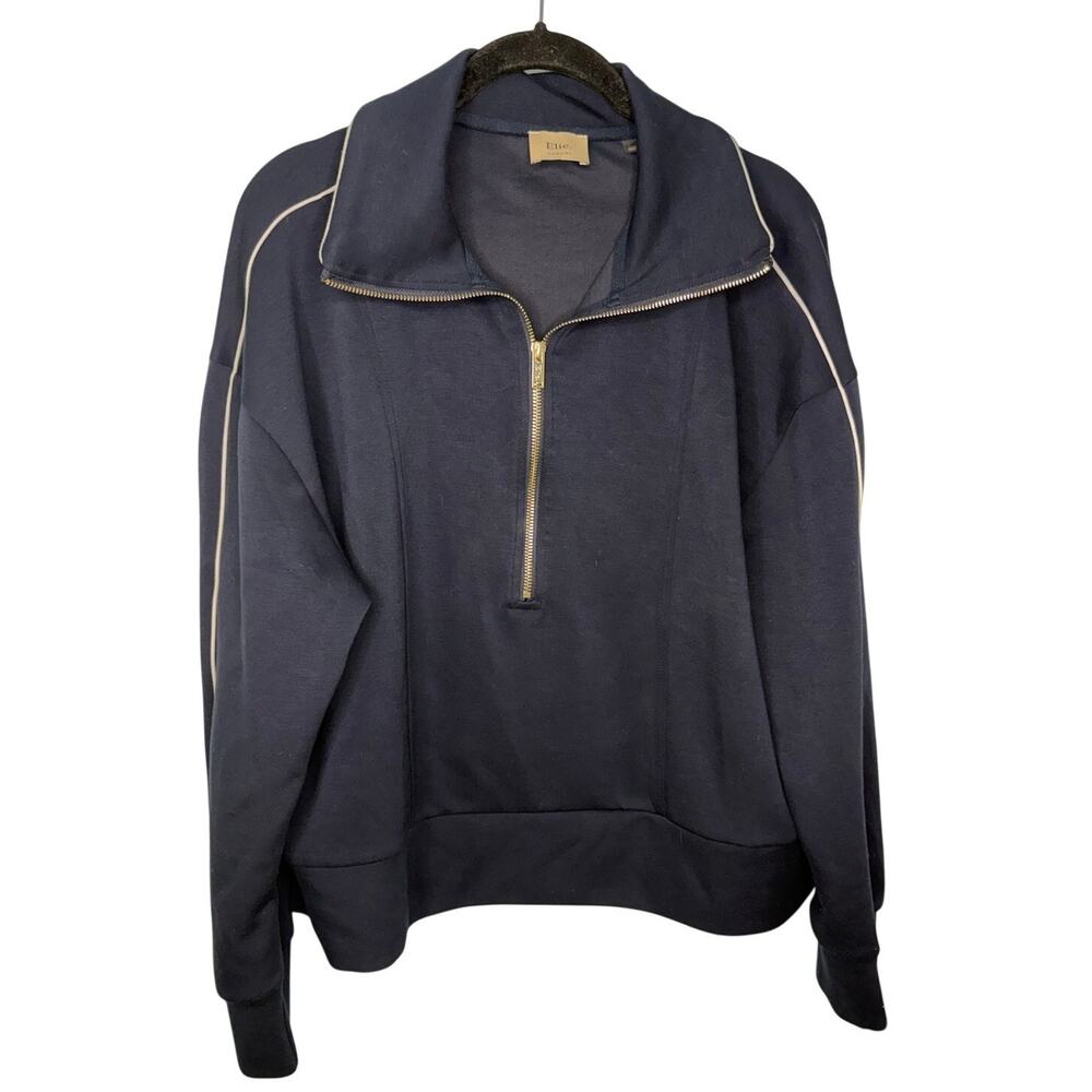 Elie. Tahari Half Zip Pullover Women's Large Navy Blue Sweatshirt White Piping